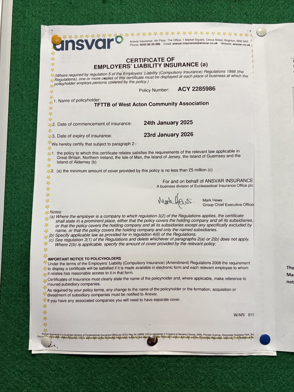 Building and Public Liability Insurance Certificate